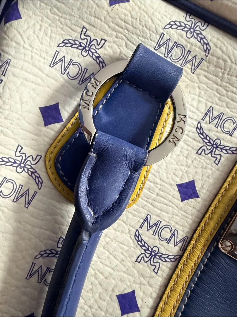 MCM Cream Satchel with Blue Trim and Yellow Accents